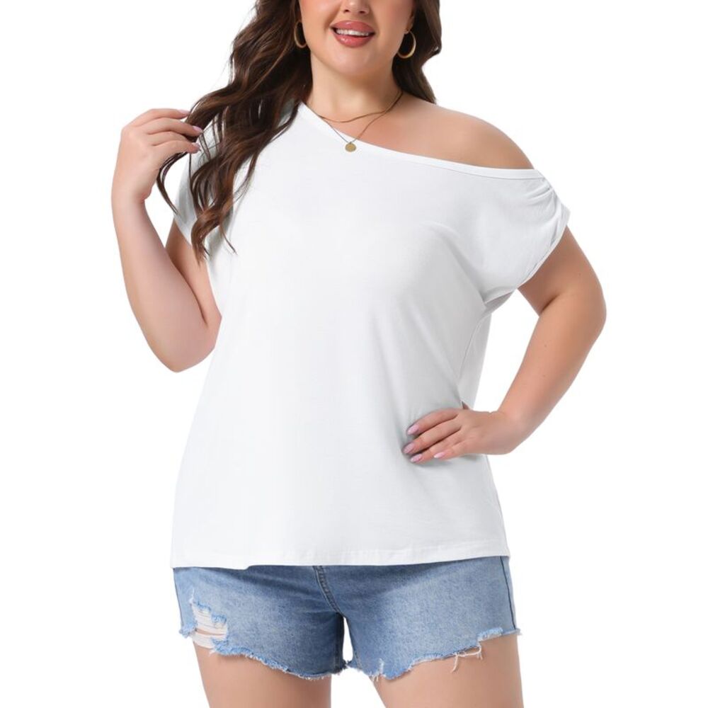 Women Plus Size Summer Tops One Shoulder Short Sleeve Blouse White
